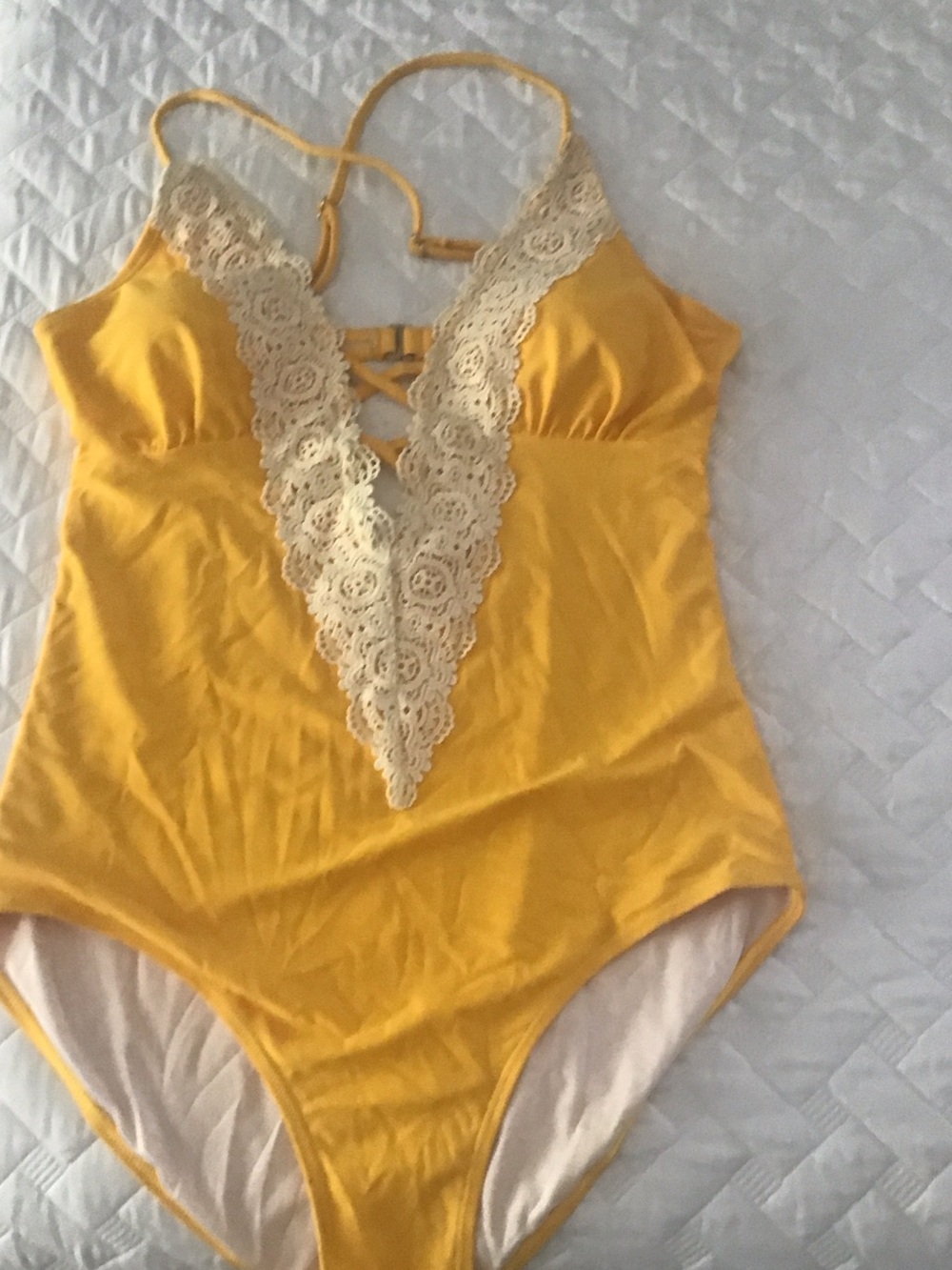 Cupshe Yellow One-Piece Swimsuit with Cream Lace Trim